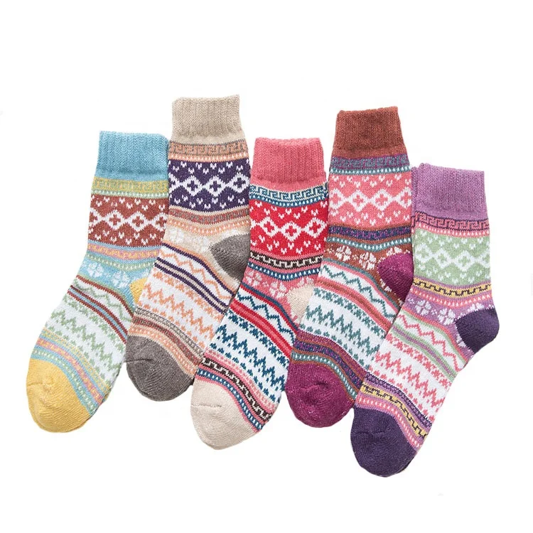 
Vintage Striped Jacquard Pattern Candy Color Happy Sock Winter Rabbit Hair Wool Thicken Warm Casual Socks For Woman 