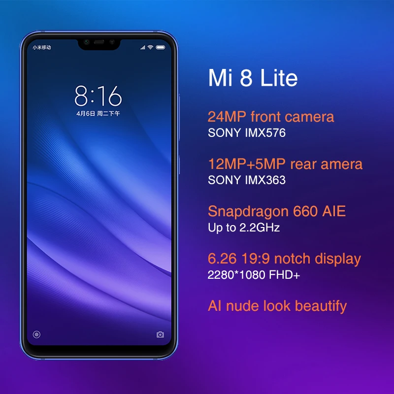 
Global Version Original Xiaomi Mi 8 Lite 6GB 128GB Snapdragon 660 6.26