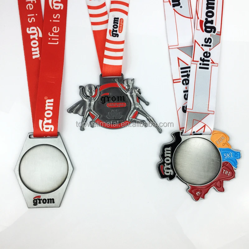 Custom 3D Ski Sports Medal Antique Brass Featuring Sublimation Ribbon for Personalized Gift