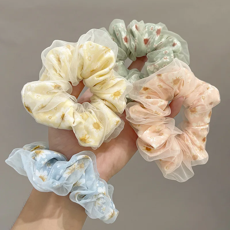 New Vintage Prints Hair Scrunchies Double-layer Gauze Simple women Hair scrunchies High Sense Elegant Hair Loop Accessories