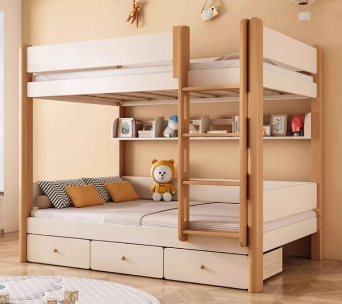 Modern Luxury Two-Layer Multifunctional Bunk Bed Full Solid Beech Wood for Children and Parents for Home and School