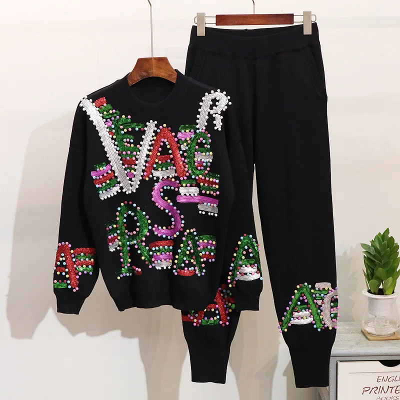 factory wholesale Winter sequins beaded letters long sleeve cotton knit sweater fashion casual pants suit