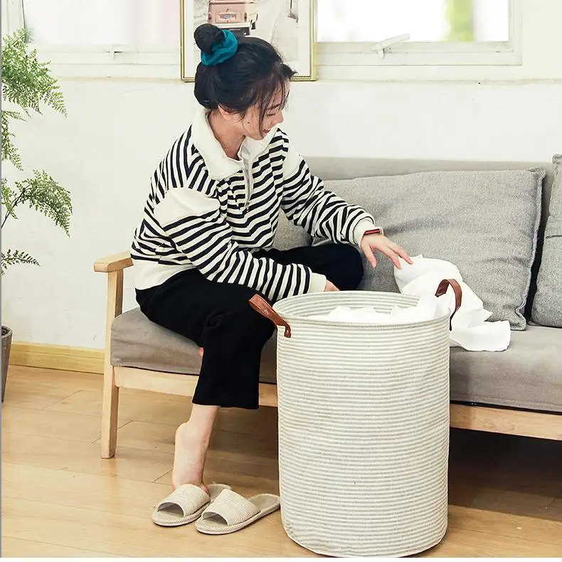 Large Shape Collapsible Folding Tote Cotton Laundry Basket Bag Drawstring Waterproof Oxford Fabric Clothes Storage Hamper Home