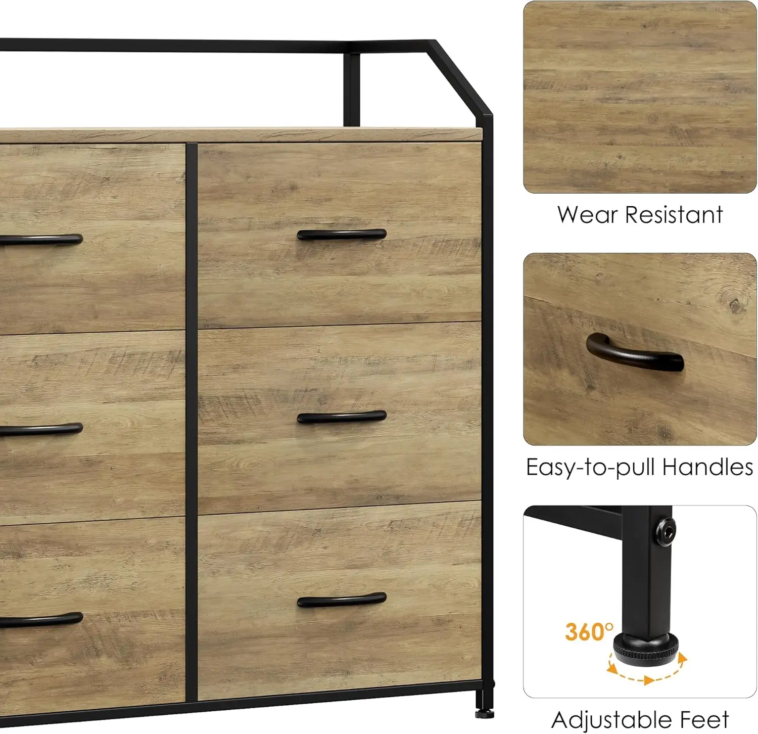 Wooden Furniture Dresser Bedroom Wood Top Storage Tower Fabric Organizer Unit Closet Clothes 6 Drawers