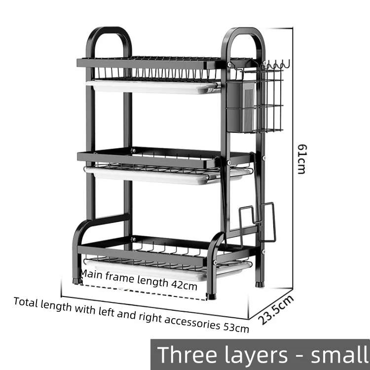 High Quality Black Metal Dish Drying Rack Carbon Steel Kitchen Organizer with 3 Tier Metal Dish Drainer Rack