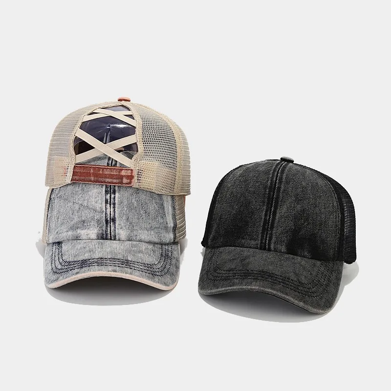 2023 custom cross back high crown pony tail trucker hat women