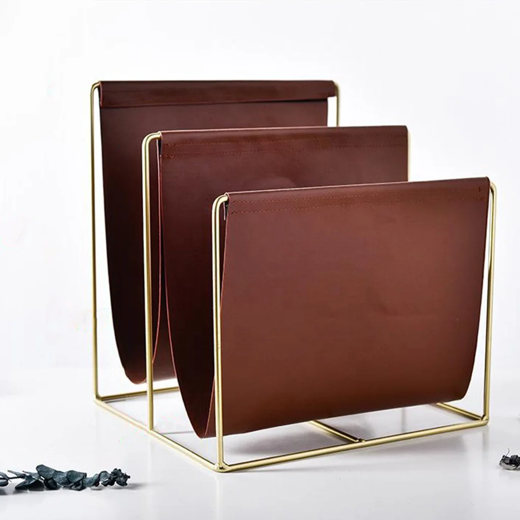 Modern Magazine Storage Rack Living Room Bedroom Standalone Storage Decorative Desktop Leather Metal Book File Holder