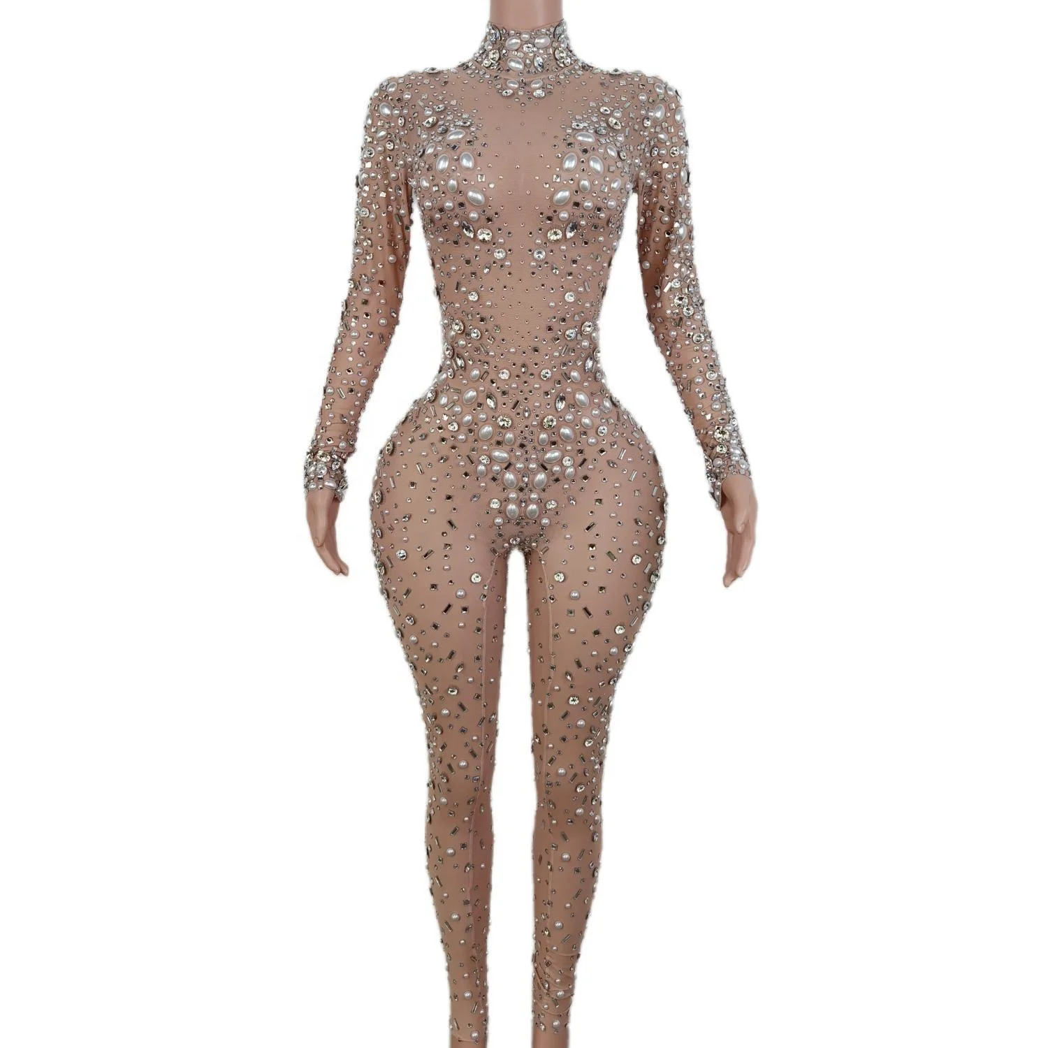 Sexy Long Sleeves Pearls Sequin Mesh Bodysuit Female Showgirl Club Bodycon Rompers Women Stage Performance Rhinestone Jumpsuit