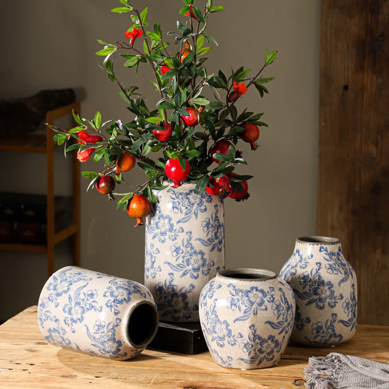 American country crackle basket color flowers hydroponic holly red fruit floral retro blue and white porcelain ceramic vase