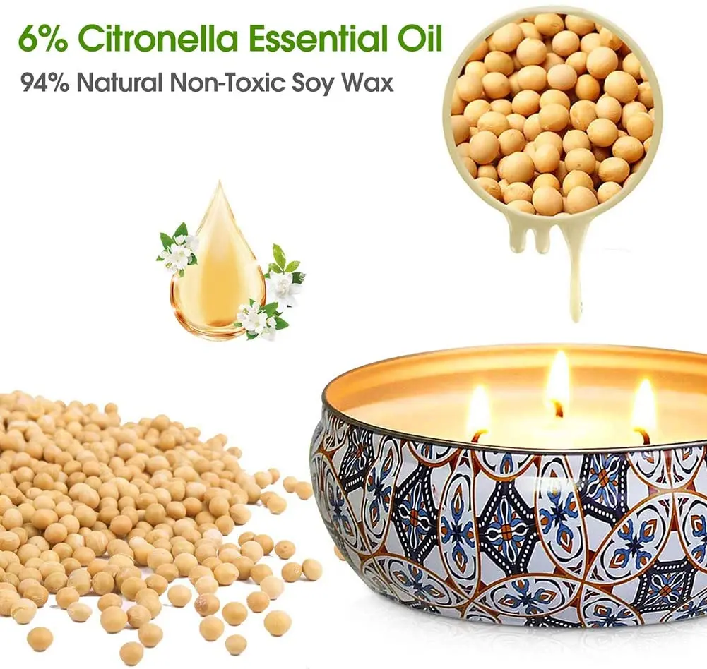 3 Wicks Scented Candle Citronella Plant Oil Mosquito Repellent Soy Aromatic Candles Sets Of 3