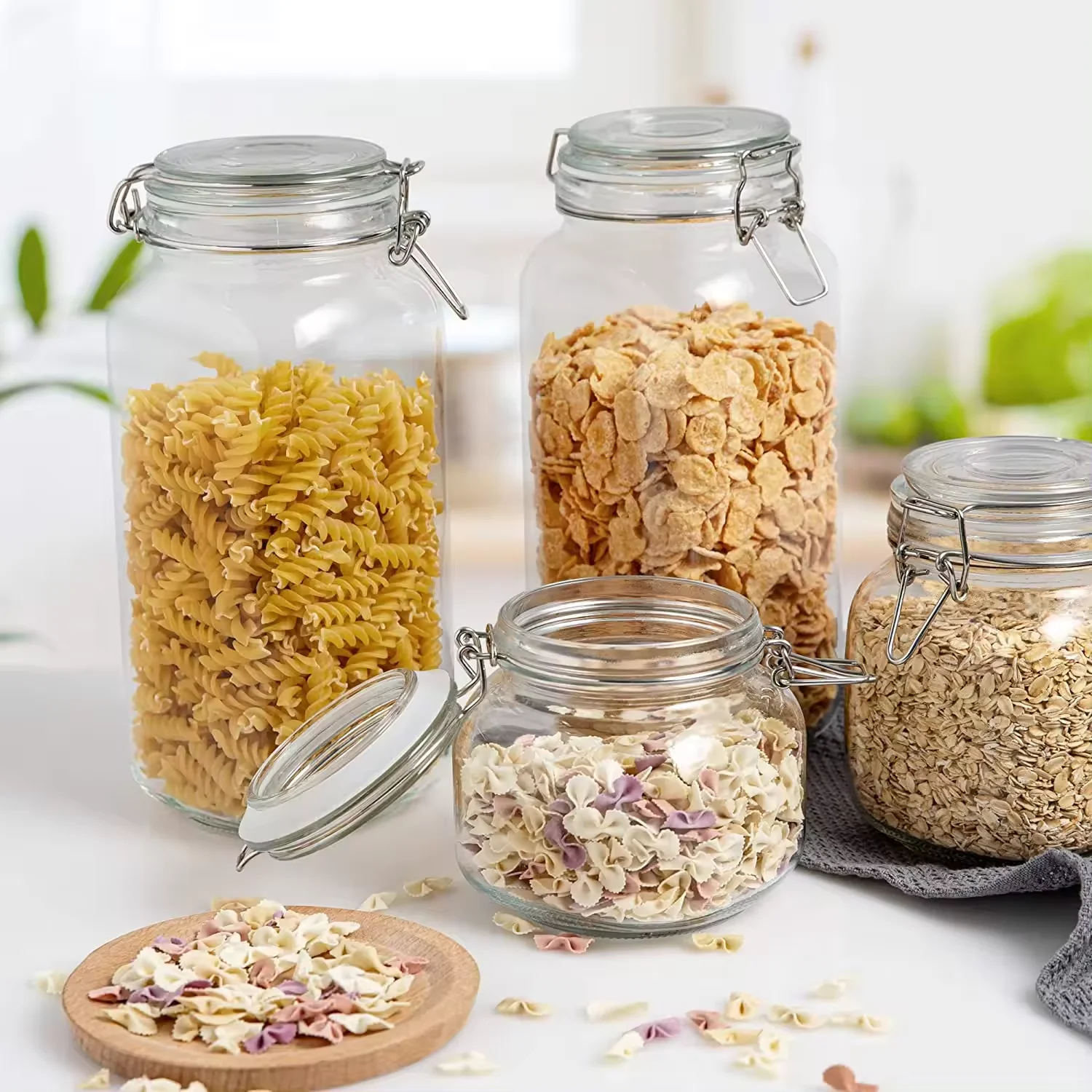 Glass Food Storage Jars 3 Pack Large Kitchen Canisters Square Mason Jars with Airtight Clamp Lids