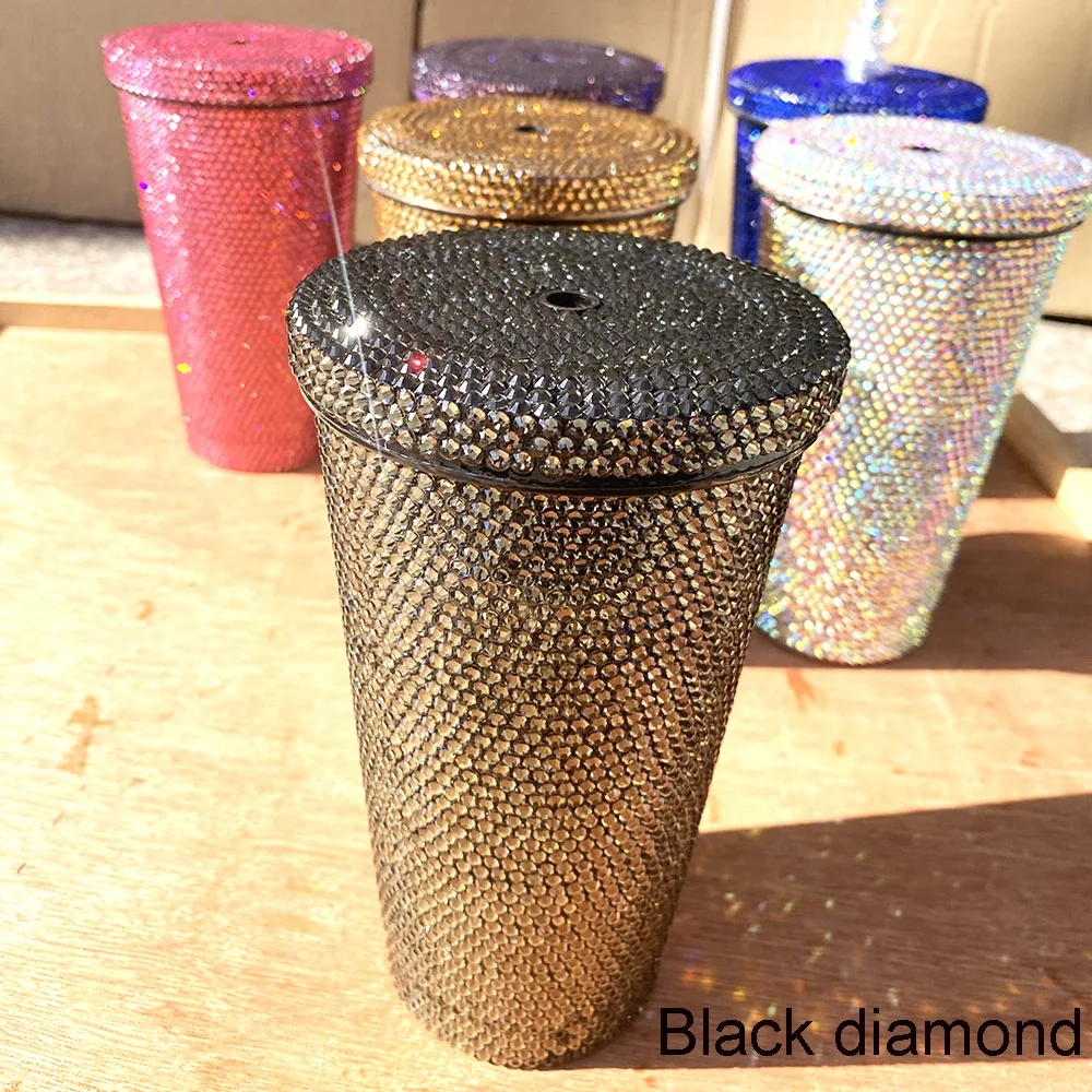 B200 high quality diamond Double Layer Stainless Steel tumbler bottle rhinestone vacuum flask with straw