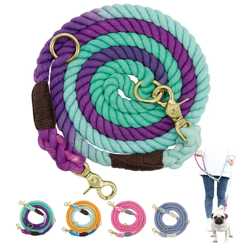 Three Strands Of Cotton Rope Gradient Pet Strap 1.5CM Dual Leashes For Dogs Colored