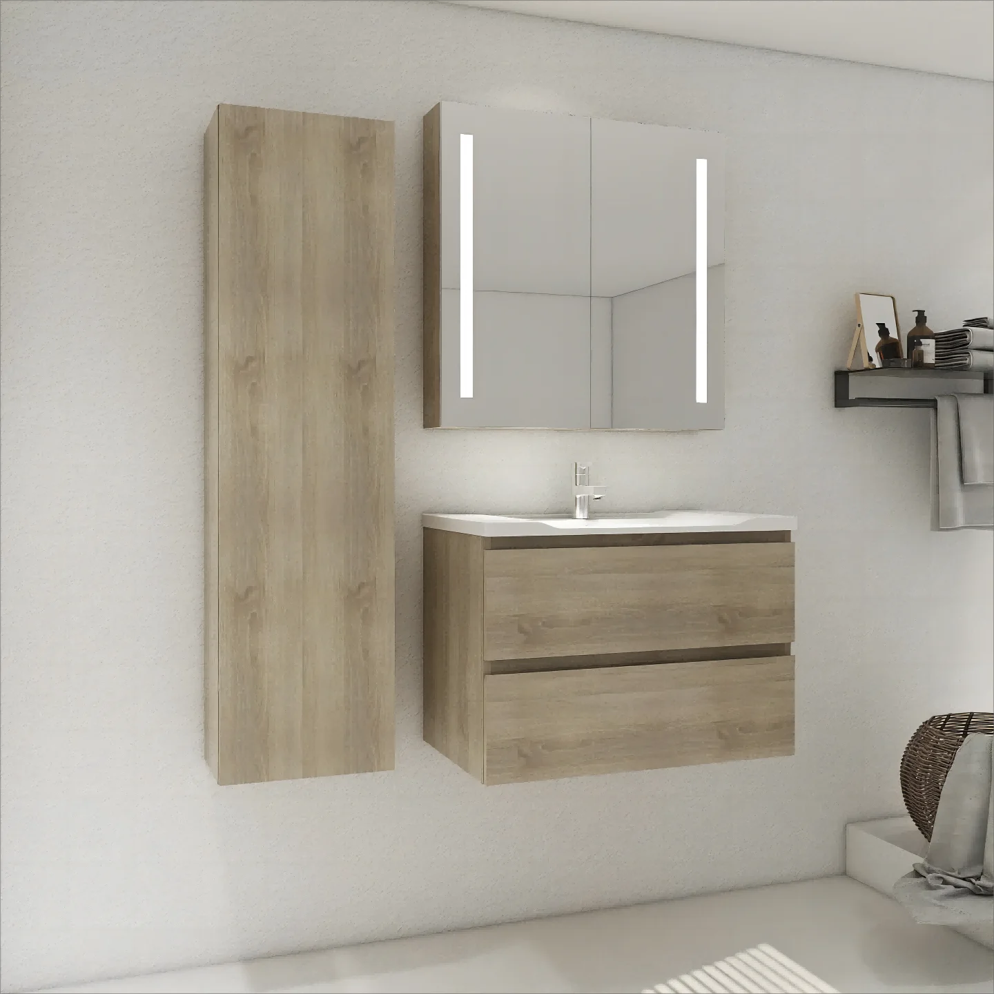 Wooden mirror sink bathroom wall mount with side cabinet set basin cabinet