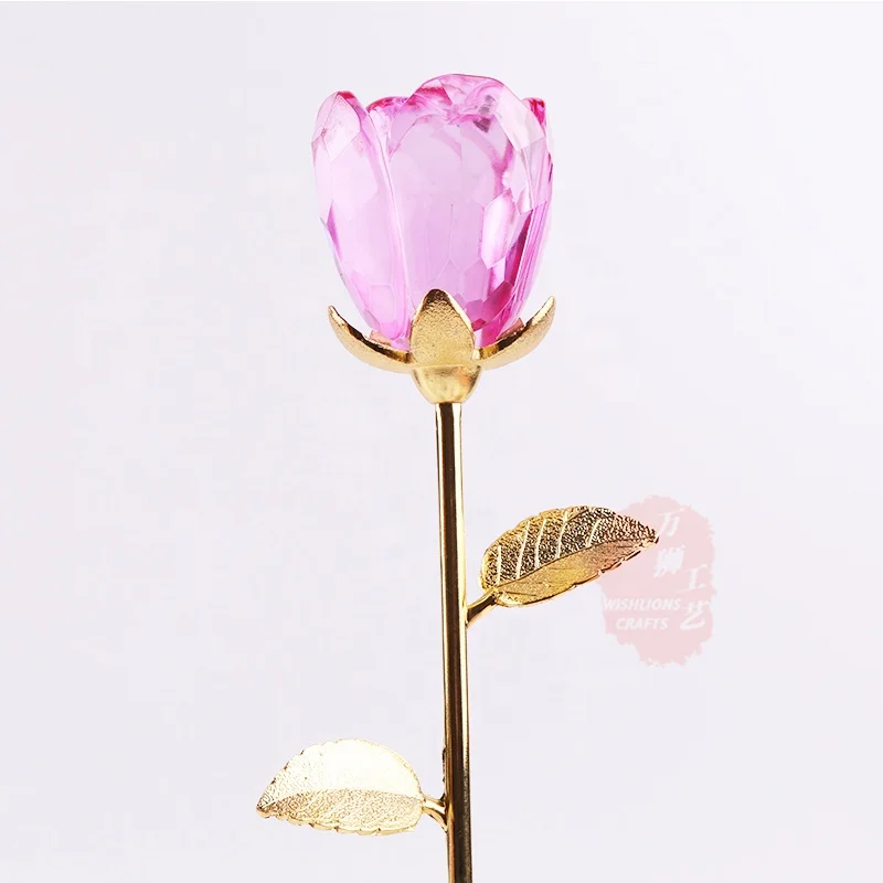 Factory Price Gold Crystal Glass Rose Pink Elegant Crystal Rose Gifts Color Glass Flower Decoration For Living Room CWG-99H300