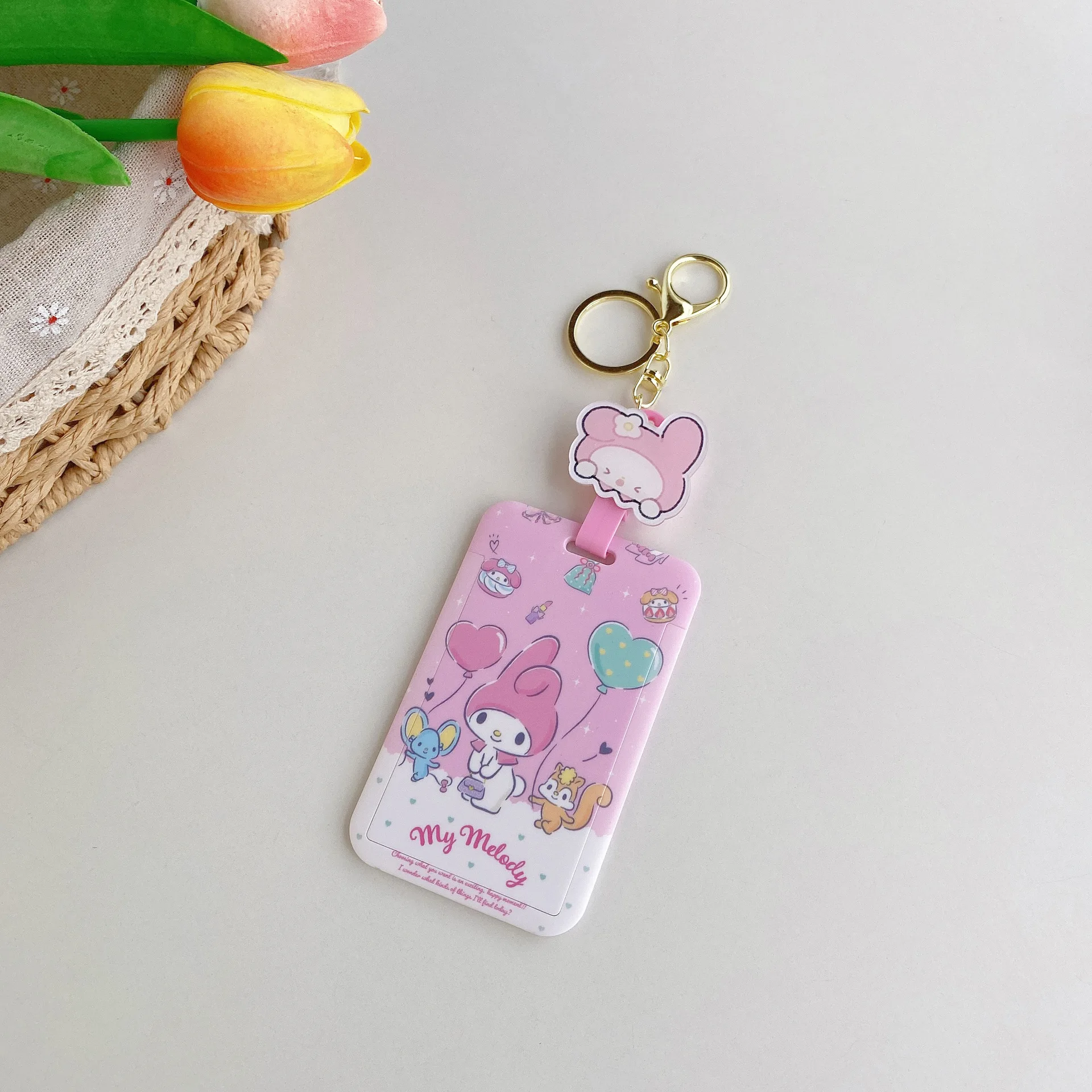 sanrio series card holder kawaii anime Melody Cinnamoroll Kuromi bag pendant Retractable Buckle card keychain holder