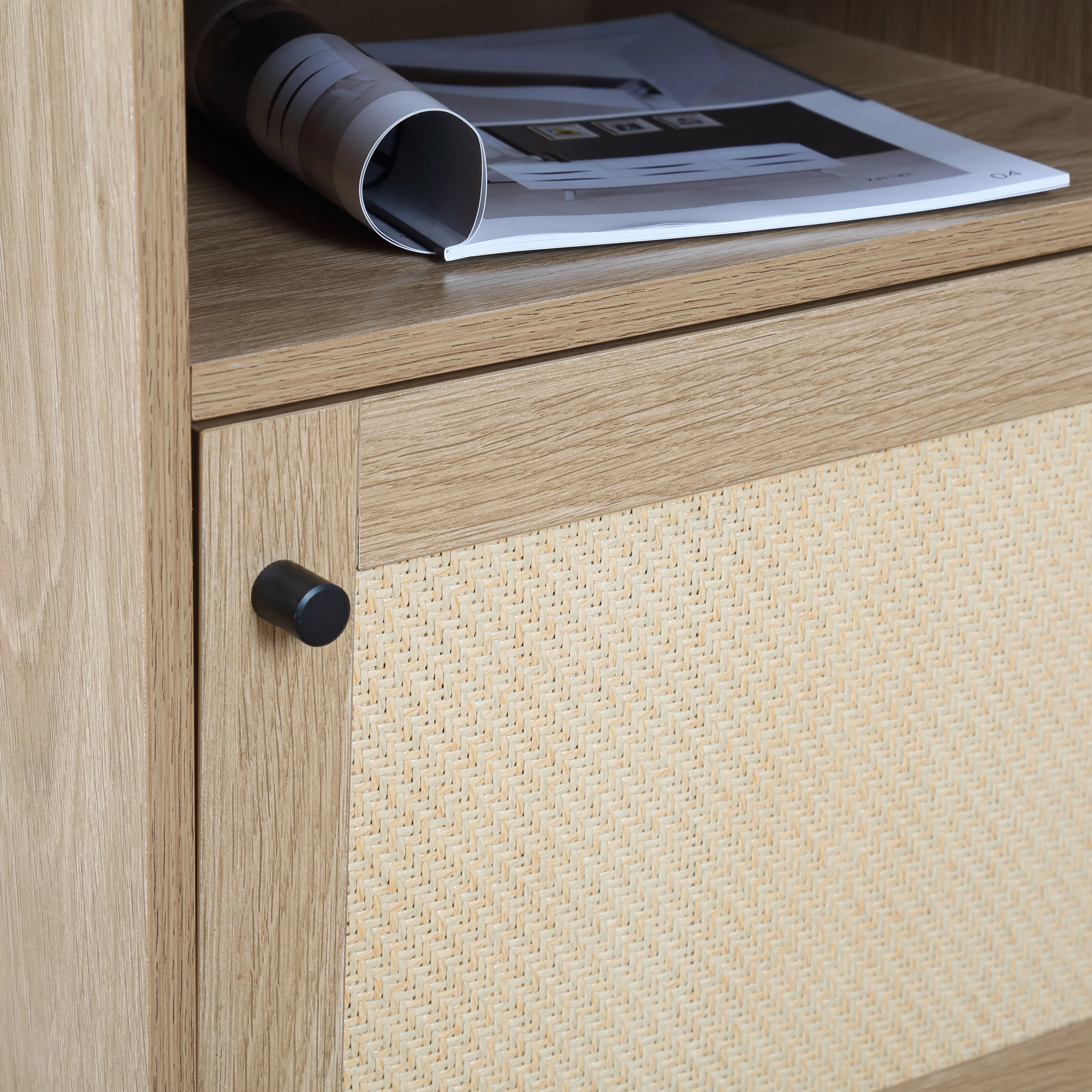 Wholesale paper rattan 1door 1 shelf shelf  kitchen liner dining living entryway storage racking handle metal leg wooden cabinet