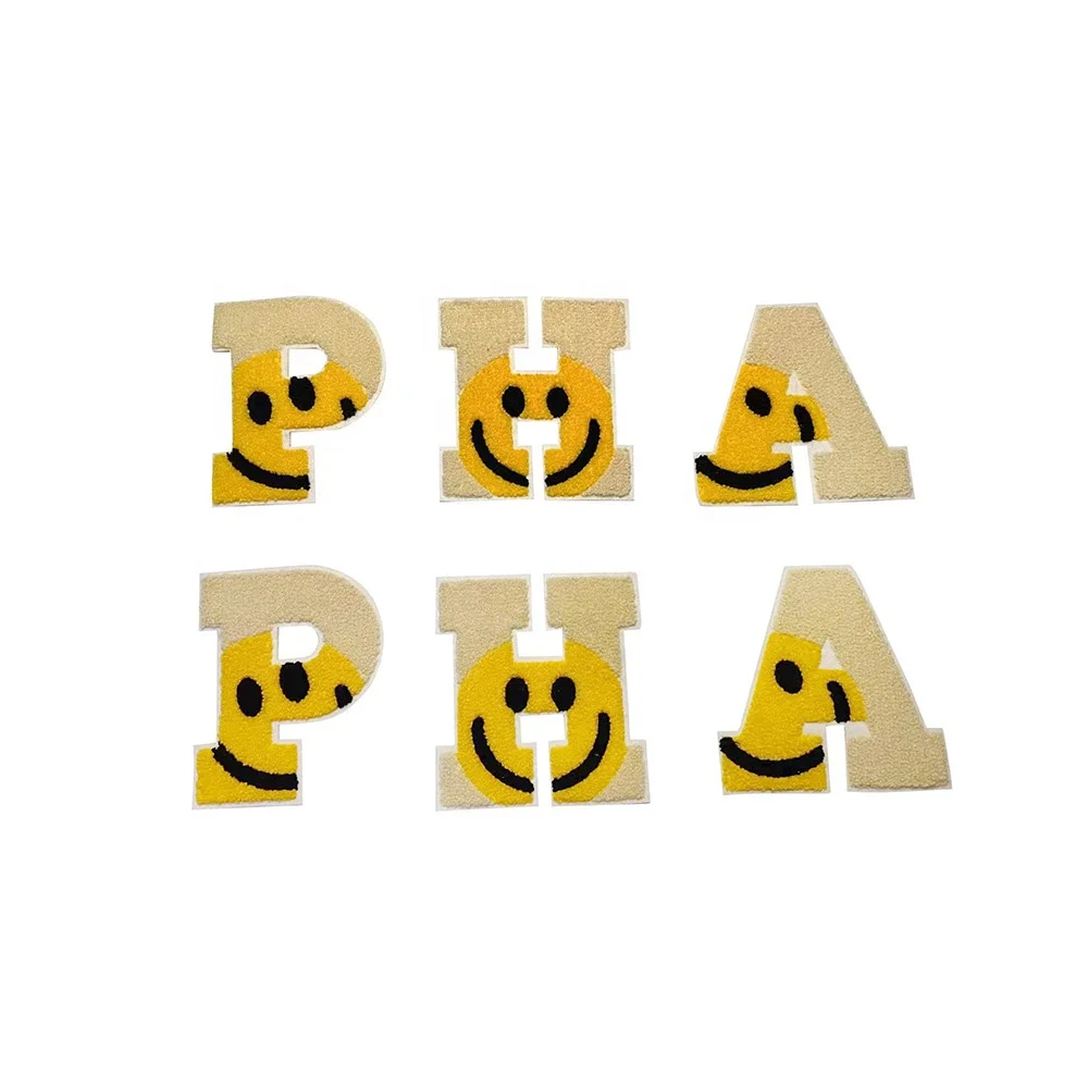 Smile face heat transfer chenille letter patch alphabet