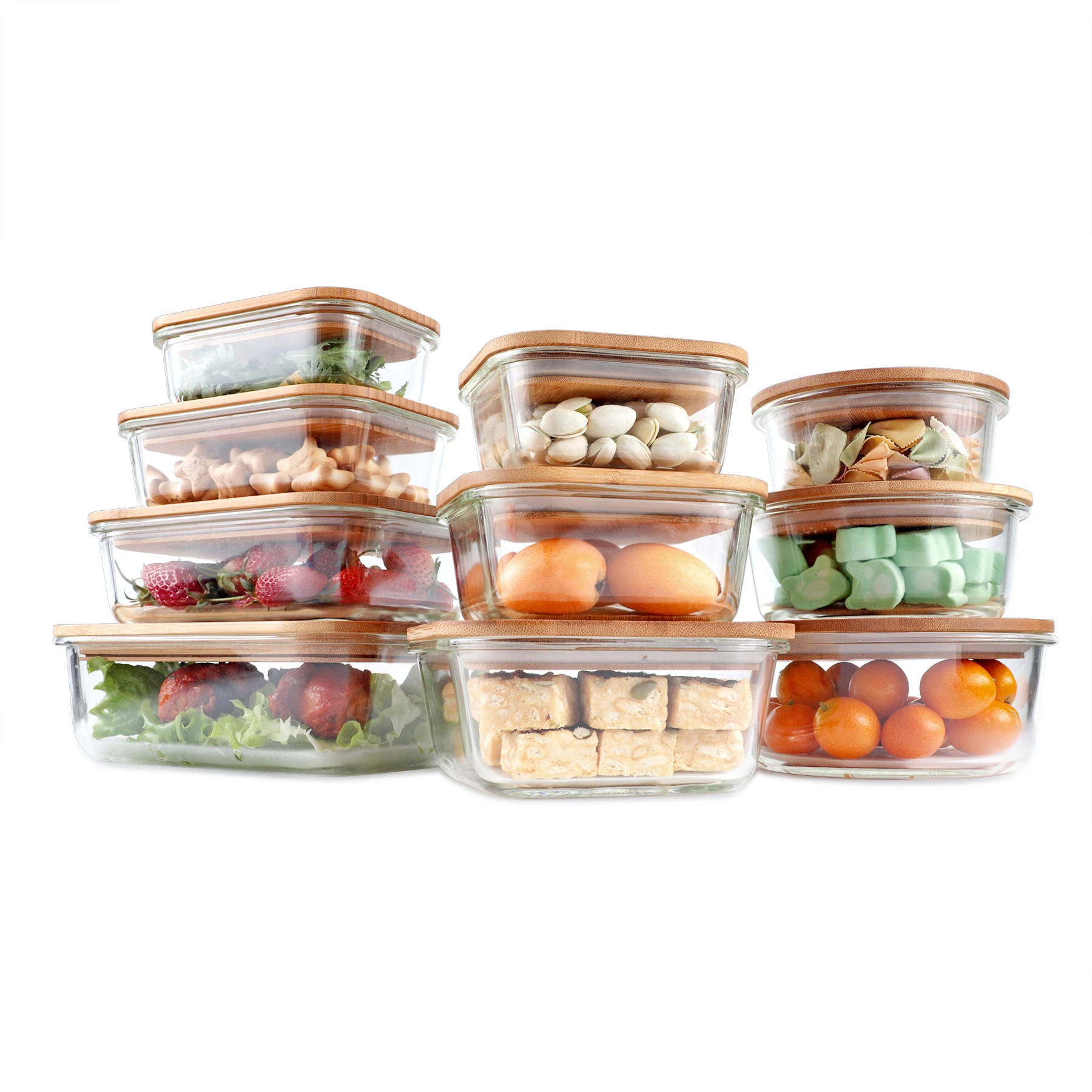 Heatable and durable square round household large-capacity glass lunch box Glass crisper storage box bamboo lid