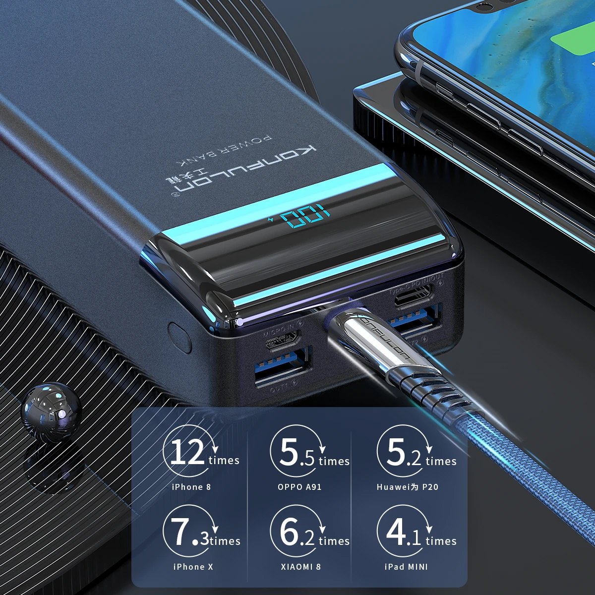  Внешний аккумулятор Konfulon 20 Вт 30000 мАч 2 USB-порта