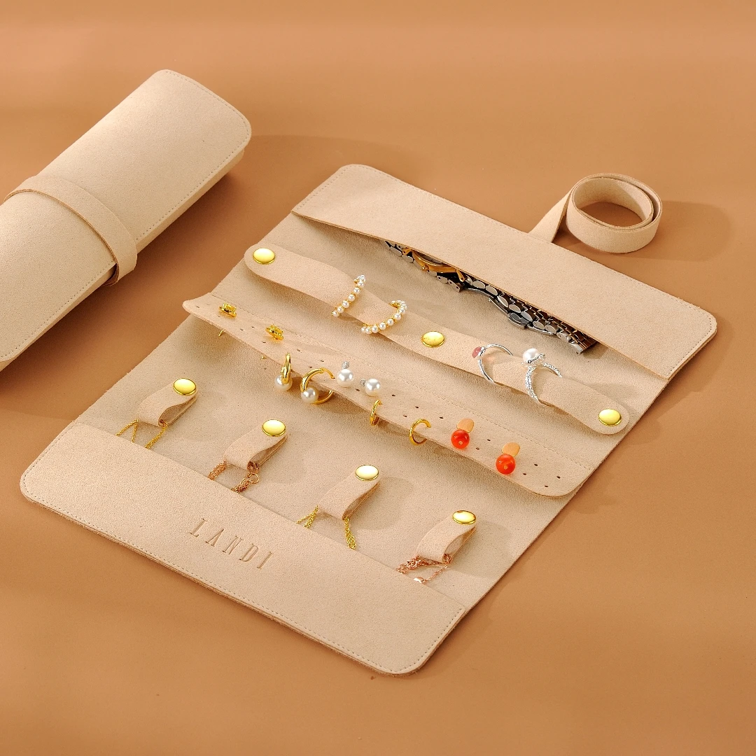 Landi Custom Logo Luxury Jewelry Organizer Roll Up High Quality 1.4mm Microfiber Travel Jewelry Storage Organizer Bag Pouch