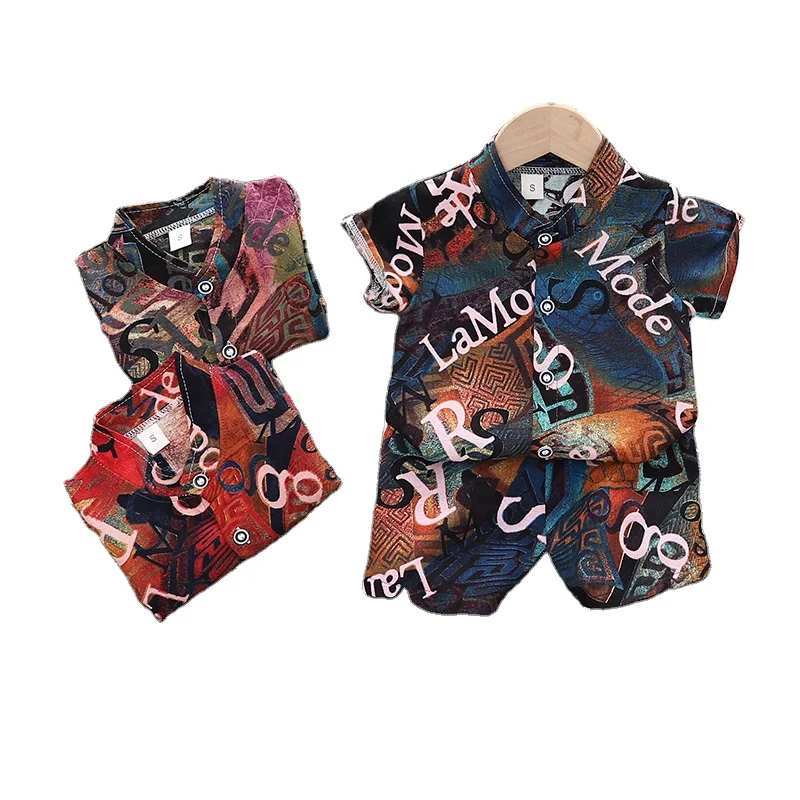 
 Лето 2021, костюм с брюками с коротким рукавом, Повседневная рубашка с мультяшным принтом для мальчиков и мальчиков, Модный комплект, оптовая продажа  