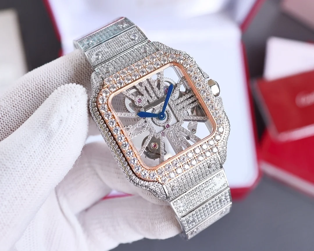 Light Jewelry New Hip Hop Jewelry Iced Out Rhinestones Quartz Watch Stainless Steel Roman Watches 18k Gold Diamond Bezel  Watch