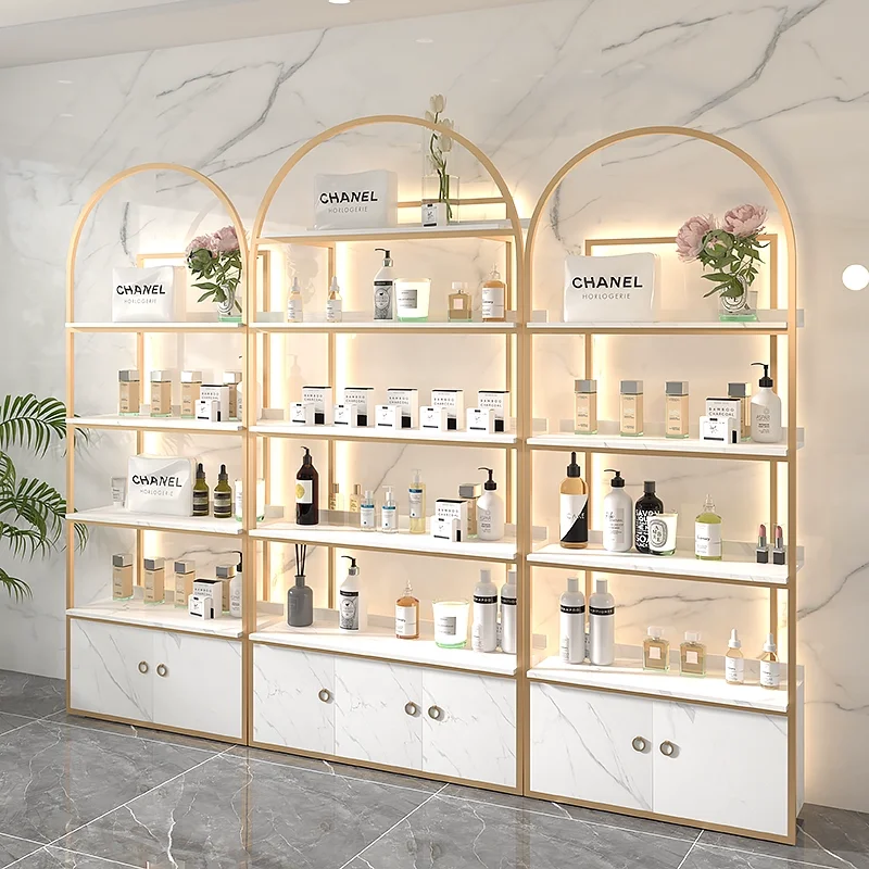 Customized beauty salon cosmetics display cabinet skincare products bag shelf light luxury nail salon floor standing shelf with
