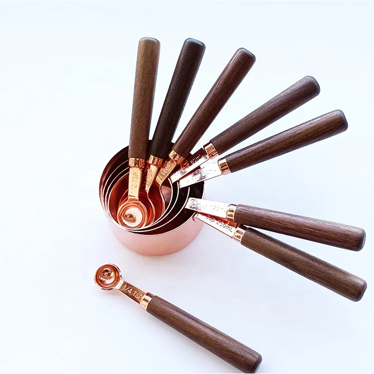 Gold Copper Stainless Steel Measuring Cups and Spoons Set 8 Pieces Engraved Measurements Measuring Cup & Spoon