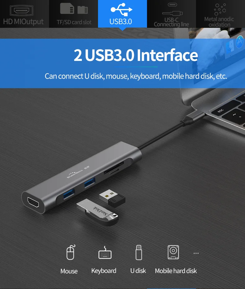  Мини-концентратор 5 в 1 с портом USB и поддержкой Hdtv-карт адаптер для чтения типа C док-станция