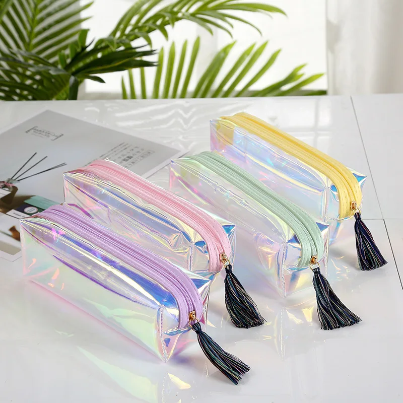 Custom Waterproof School Stationery Office Pencil Case Zipper Pen Pouch Women Travel Holographic Iridescent PVC Cosmetic Bag