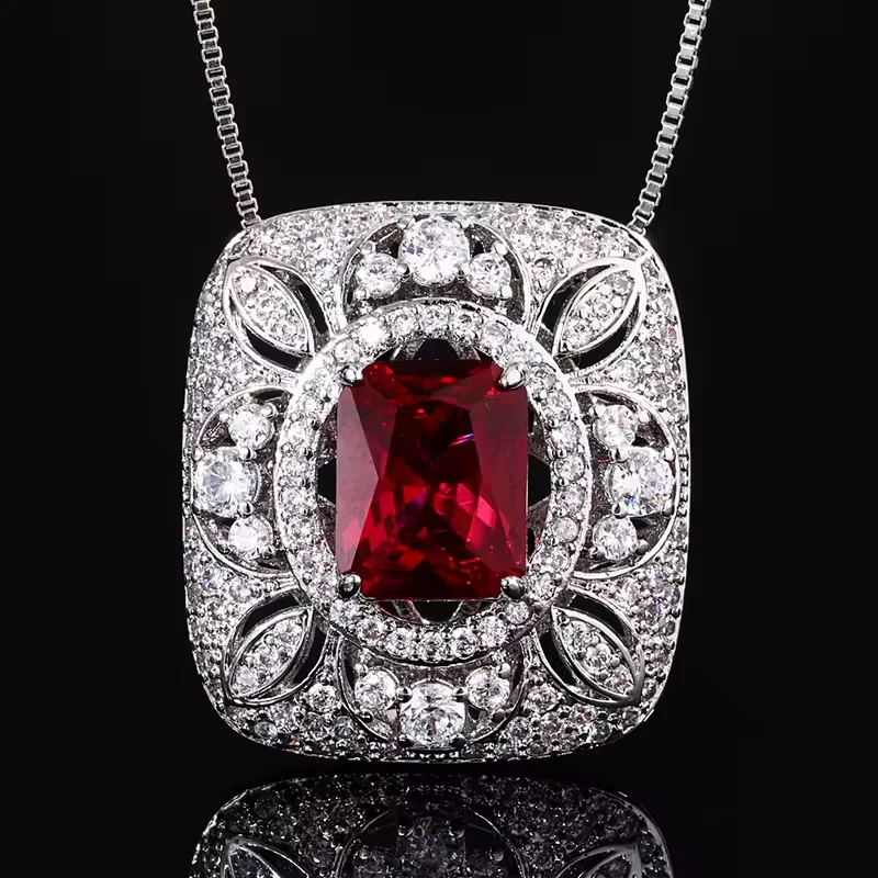 Factory Custom Jewelry White Cubic Zircon Halo With Cushion Cut Ruby Silver Jewelry Set