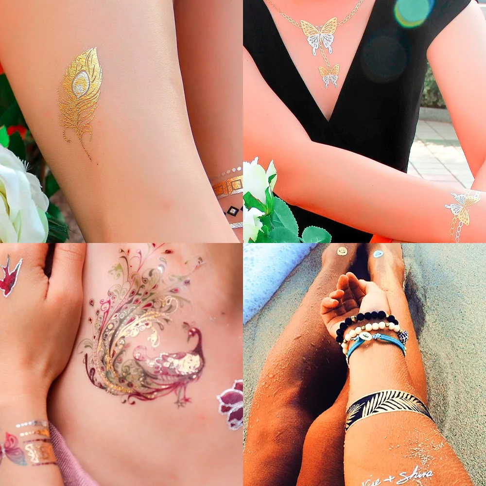 retro hot stamping silver gold tattoo sticker waterproof metallic tattoos men girl party  glitter tattoo body decoration