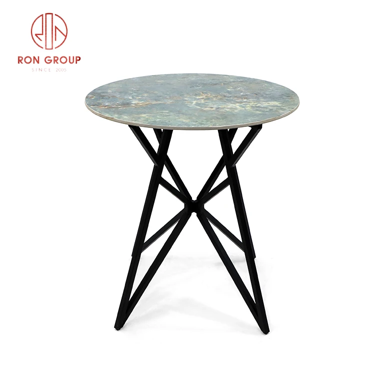 Restaurant hotel luxury nordic modern greenstone plate table top stainless steel metal legs round dining table