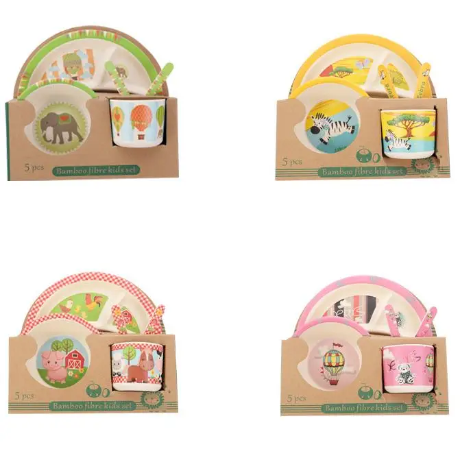 Factory Price Plastic Dinner Set Anti Falling Melamine Dinner Sets Utensils 5pcs Cartoon Baby Children Bamboo Dinnerware