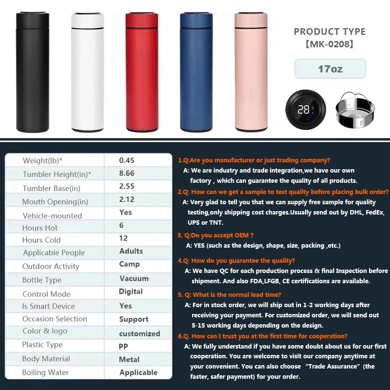 17oz Led Temperature Display Double Walled 304 Stainless Steel Thermo Reminder To Drink Vacuum Flasks Smart Water Bottle