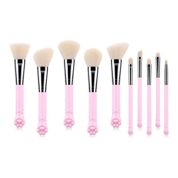 New Arrival Cute Cat Cosmetic Brush Pink 10pcs Nylon Hair Woman Beauty Tools Professional Plastic Makeup Brush Set