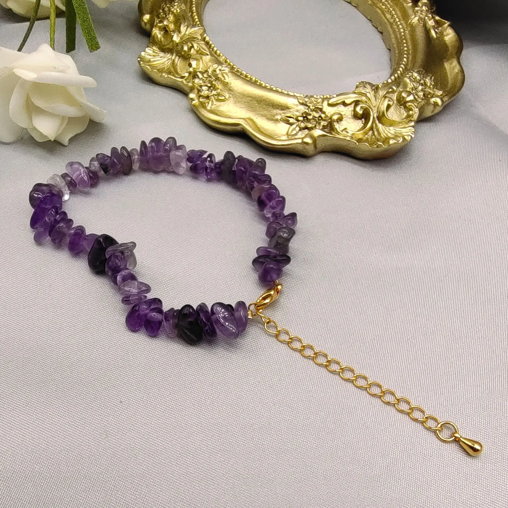 Stylish irregular natural crystal pink amethyst topaz stone beads bracelet for women
