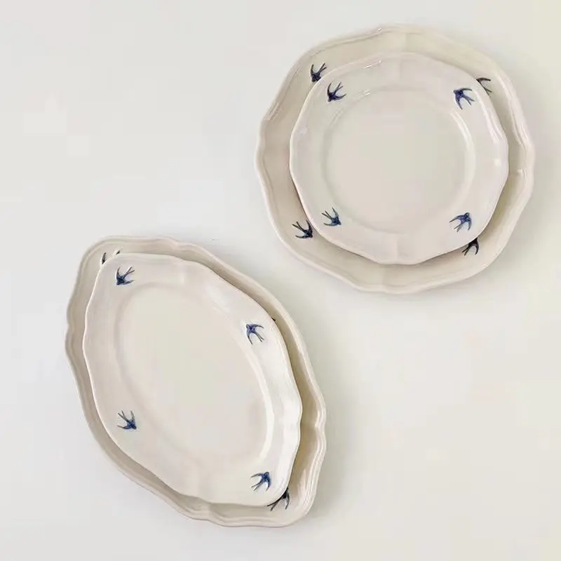 Korean INS New Swallow Float Plate Party Ceramic Plate Dish Literary Breakfast Plate Minimalist The Cartons Porcelain Retro Home