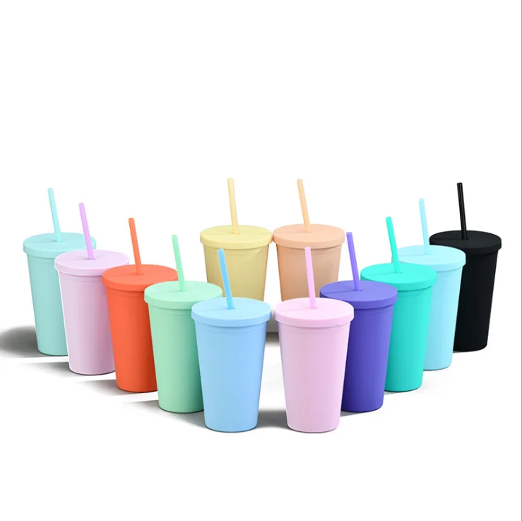  2021 Amazon горячая Распродажа двойные настенные матовые тонкие тумбы 16oz/450ml пастельные цветные акриловые чашки с крышками и