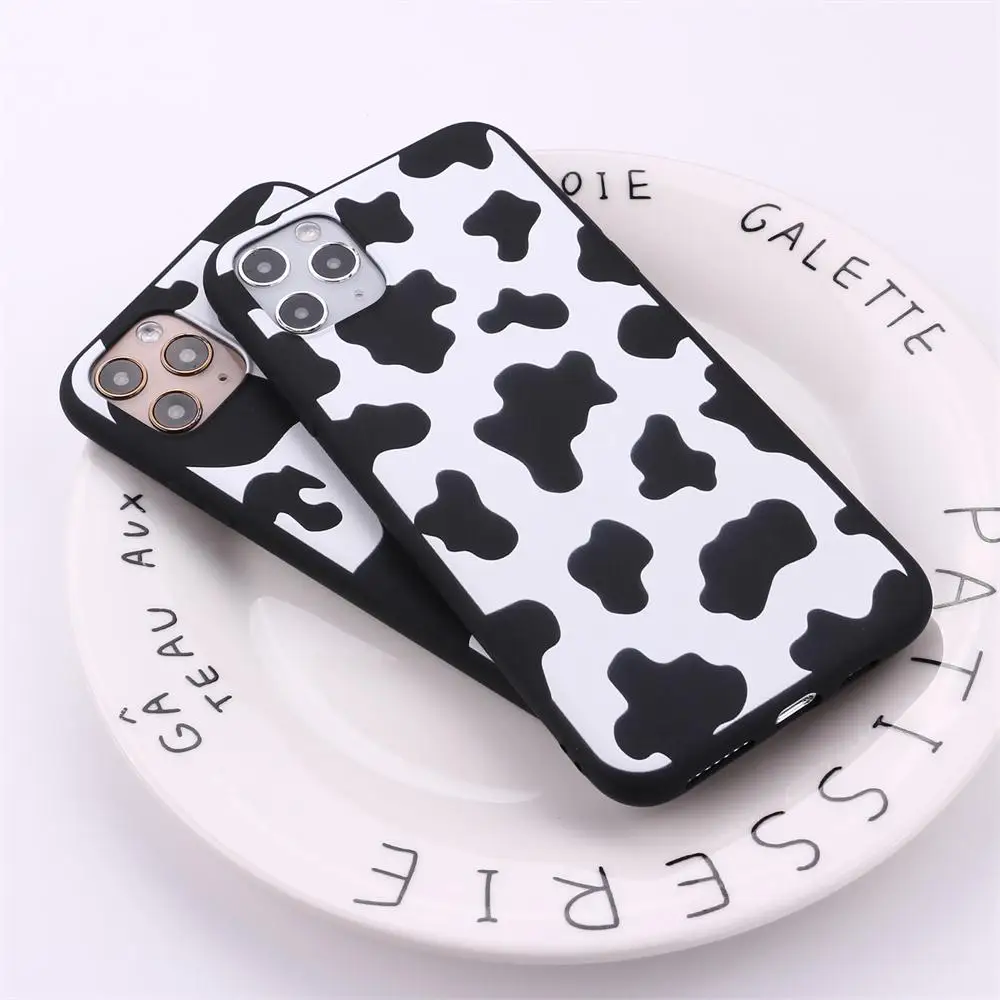 Cow Milk Black border Silicone For iPhone 12 13 14 Pro Max  Soft Silicone Candy Case Fundas