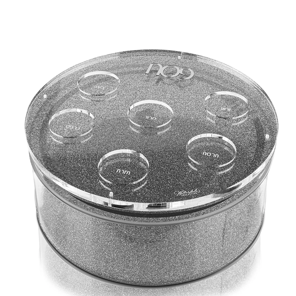Judaica Pesach Display Acrylic Round Matzah Box Jewish Lucite U Seder Plate Gold Glitter with Cut Out Holes