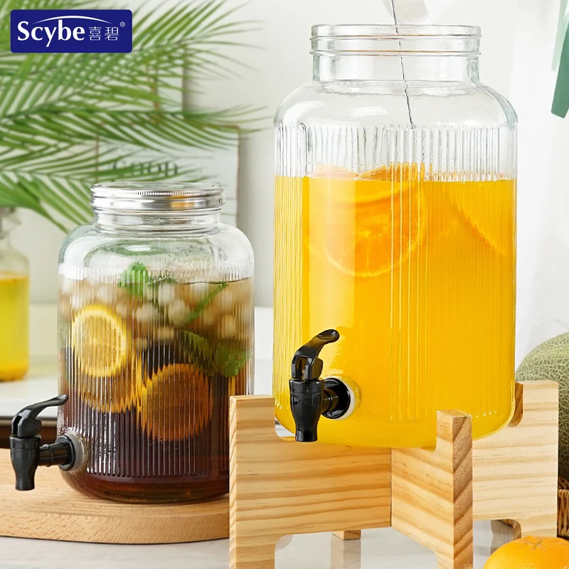Wholesale Large Glass Jar Big Volume Vertical Ribbed Drink Beverage juice Dispenser with Spigot Tap for buffet