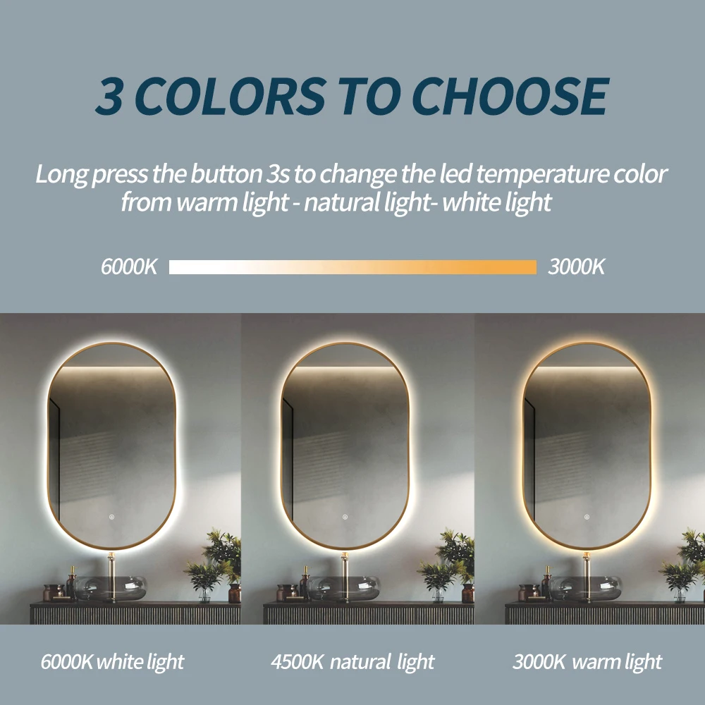 Factory Oval Gold Aluminum Frame Hair Salon Mirror Illuminated Touch Screen Led Bath Smart Mirrors For Bathroom