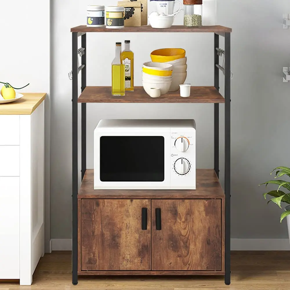 Brown  Rack With 1 Cabinet And 8 S Hooks 3 Tier Industrial Utility Stand Cart Multipurpose Microwave Oven Kitchen Storage Shelf