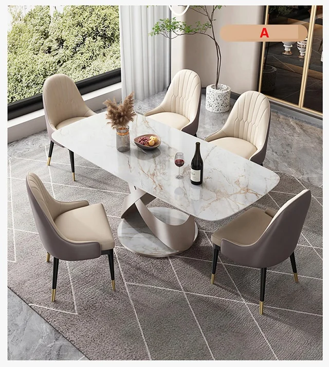 Foshan Factory direct sale modern Rock table restaurant rectangle marble stone dining table and chair set for villa home