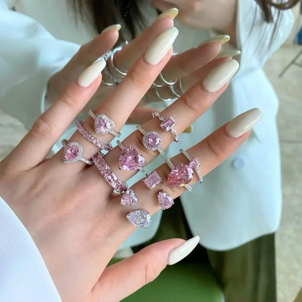 S925 Sterling Silver Water Drop Fashion Diamonds Cute Peach Heart Style Square Diamonds Pink High Carbon Diamond Ring
