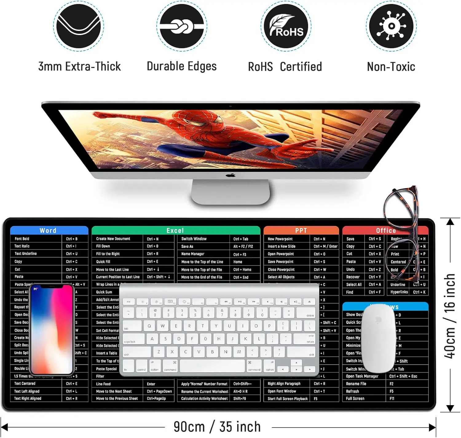 Keyboard Excel Shortcuts Mouse Mat Large 900x400mm Thick Extended Desk Pad Soft Computer Mice Mat for Macbook PC Laptop Office