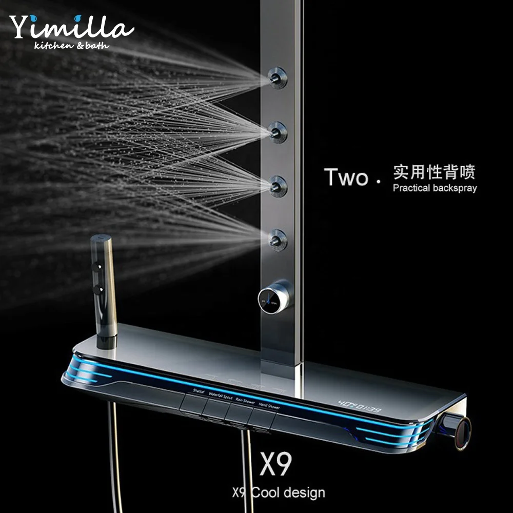 Tiktok Trend Gun Matel White Color Smart Led Back Waist Massage Shower System Exposed Wall Mounted Bathroom bath Shower Set