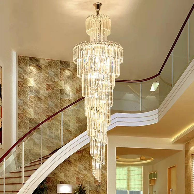 Modern luxury indoor gold large round stairwell stair lighting crystal chandeliers pendant lights for hotel lobby staircase